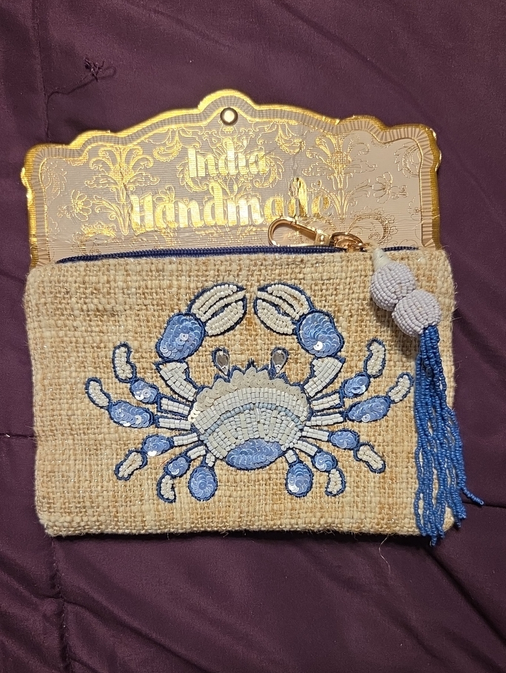 T.J.Maxx Beige Straw Wristlet with Blue Beaded Crab and Tassel